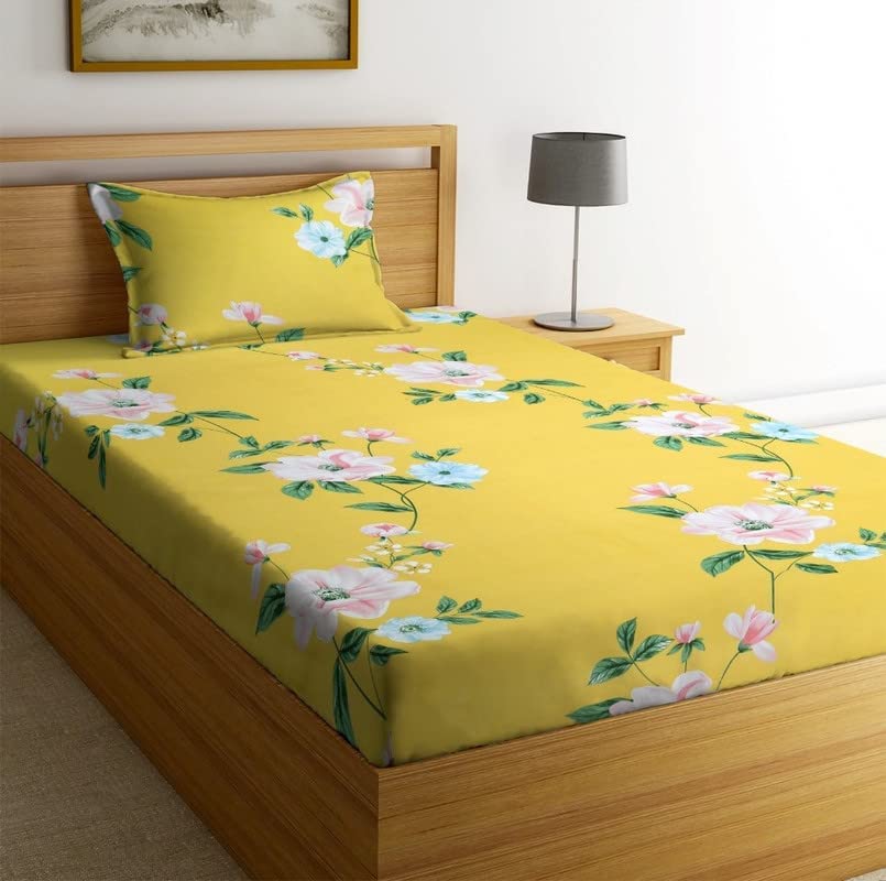 AVINYA® Cotton Feel Glace Cotton All Round (Elastic Fitted) Single Bed Bedsheet with 1 Pillow Cover- 4 Feet x 6 Feet - 48 Inches x 72 Inches x 6 Inches (Yellow Leaf)-picture-26