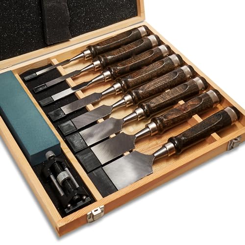 QQ CAT 8 Stück Stechbeitel Set Für Holz, Stemmeisen Schleifstein Set, Holzbearbeitungswerkzeuge Holzschnitzerei Hand Meißels Werkzeug Holzbearbeitung Schwarznuss mit Schärfgerät Holzmeißel Chisels Set