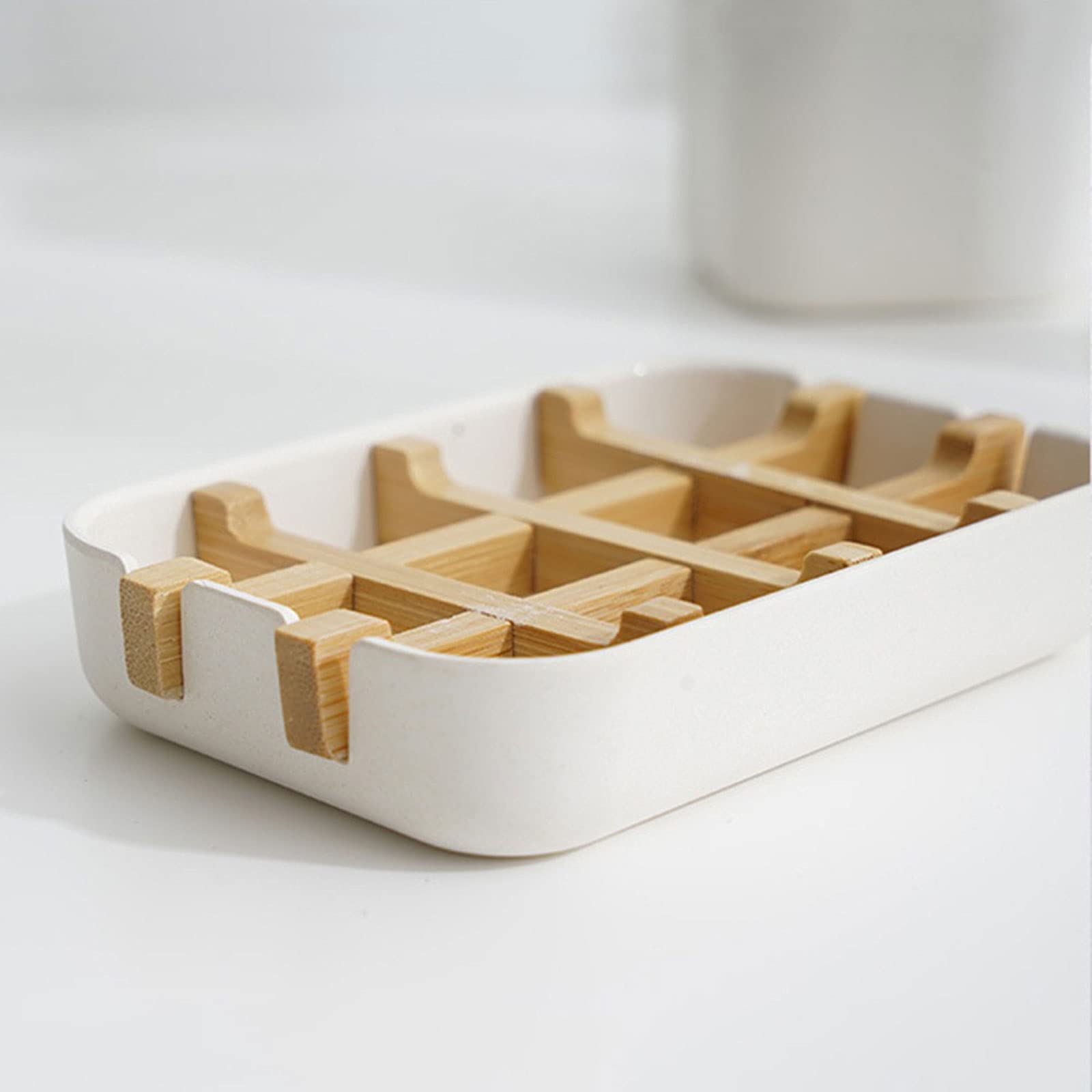 JINGYAN Jaboneras Soporte de jabón Ducha Plato Madera baño bambú, Fregadero Blanco para Bandeja