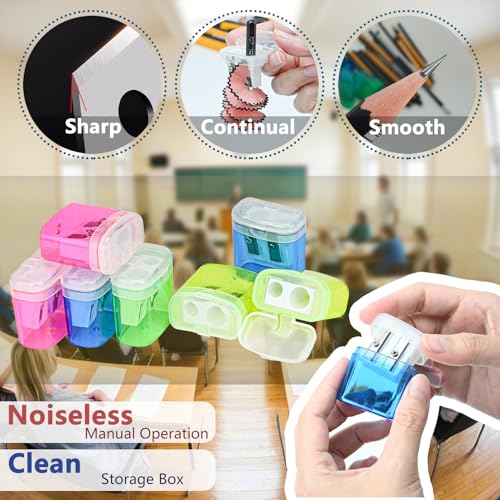 AUSTARK 24Pcs Pencil Sharpener Manual, Assorted Color Small Dual Hole Pencil Sharpeners Bulk with Lid with Lid for School Office Home (Rectangle-24) - Thumbnail 5