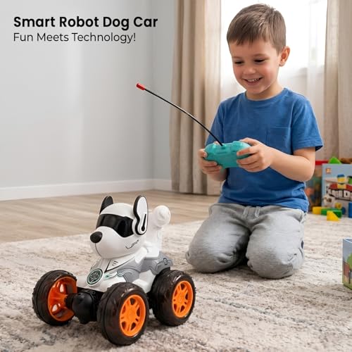 Image of Cable World RC Stunt Robot Dog Car, 360 Degree Rotating, Remote Control Musical Dancing Dog with Flashing Lights, Smoke, Sound, Action, Activity Play Center Toy for Kid Early Learning Educational