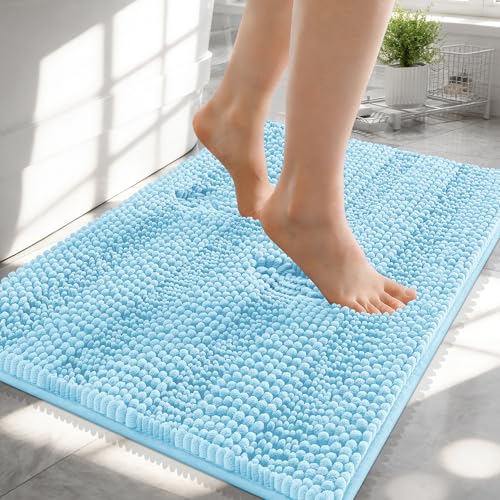 Image of OLANLY Thick Small Bathroom Rugs 24x16, Extra Absorbent Chenille Striped Bath Rugs, Rubber Backing, Machine Wash, Bath Mats for Bathroom Floor, Tub and Shower, Home Decor Accessories, Sky Blue