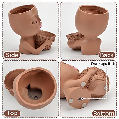 Toparad Face Plant Pot - Double Flower Pots Planters For Indoor Outdoor Plants Resin Head Planter With Drainage Hole Cute Lady Face Plant Pots, Garden Decoration Planters (Dark Brown) #TOP2