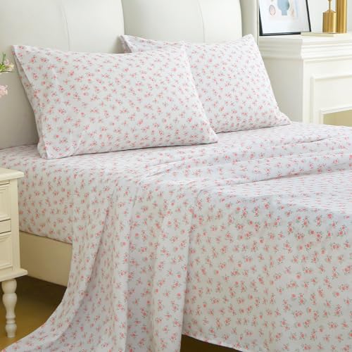 Image of MUXHOMO Full Size 4 Piece Sheet Set, Soft Breathable Bed Sheet Set for Bedroom with Deep Pocket Up to 16 inch, Wrinkle-Free & Cooling Bedding for Oeko-TEX Certified - Floral Pink