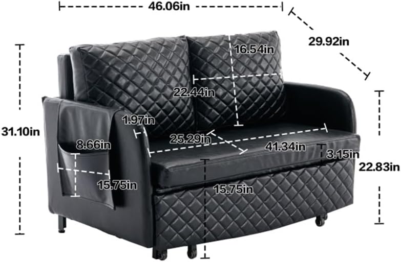 Convertible Sleeper Sofa Bed, Loveseat Couch with Pull Out Bed, Side Pockets for Living Room