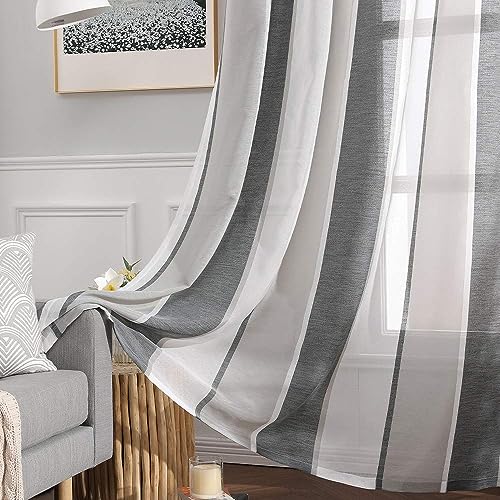 MIULEE Voile Gardinen Dunkelgrau-Weiß mit Ösen 2er Set 140x245 cm – Ansicht 3