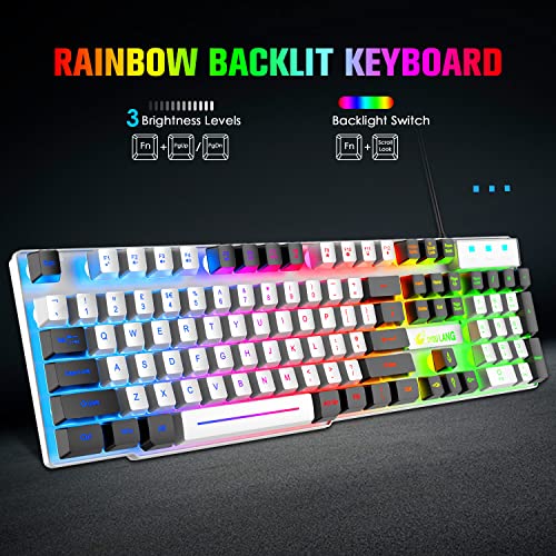 Gaming-Tastatur-Maus und Mauspad, UK-Layout, 104 Tasten, Regenbogen-LED-Hintergrundbeleuchtung, 19 Tasten, konfliktfrei, verstellbare 2400 DPI Maus, für PC, PS3, PS4, PS5, Mac, Xbox, Desktop, Weiß - Image 3