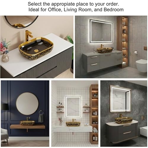 Image of BASSINO 18x13x5.5 Inches Table Top Washbasin /1 Year Warranty /Ceramic Wash Basin for Bathroom /Rectangular Shape Counter Top Wash Basin for Dining Hall /Living Room /Vessel Sink(Glossy Black & Gold)