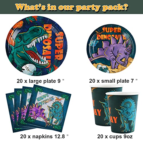 Dinosaur Birthday Party Tableware Set For Boys - 20 Guests- Dinosaur Birthday Party Supplies Kit, Includes Dino Party Plates, Napkins, Cups #TOP1