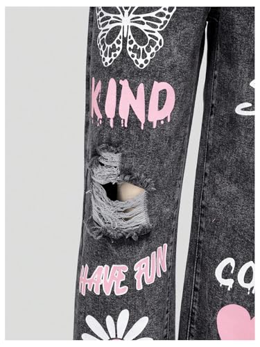 WDIRARA Girl's Cute Letter Graphic Ripped Jeans Straight Leg Distressed Denim Pants4