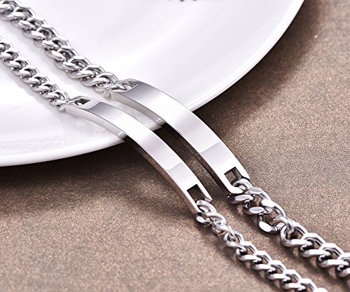 NEHZUS Personalized Stainless Steel ID Bracelet Set, His and Hers Couples Jewelry, 316L Steel Chain with Cubic Zirconia, 7.87-8.66 Inches (Silver Couple) - Thumbnail 3