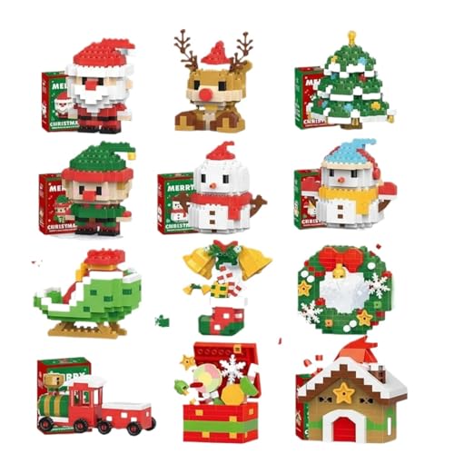 Christmas Building Blocks Set, 12 Mini Xmas Theme Figures Including Santa Character, Snowman, Holiday Tree, DIY Stocking Fillers, Seasonal Gifts, Party Supplies, 6.90X5.10X3.60Cm