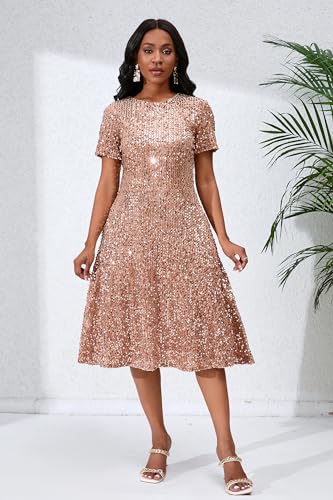 Image of Sequins Glitter Short Sleeve Women's Maxi A-line Dress - Sparkly Party Elegant
