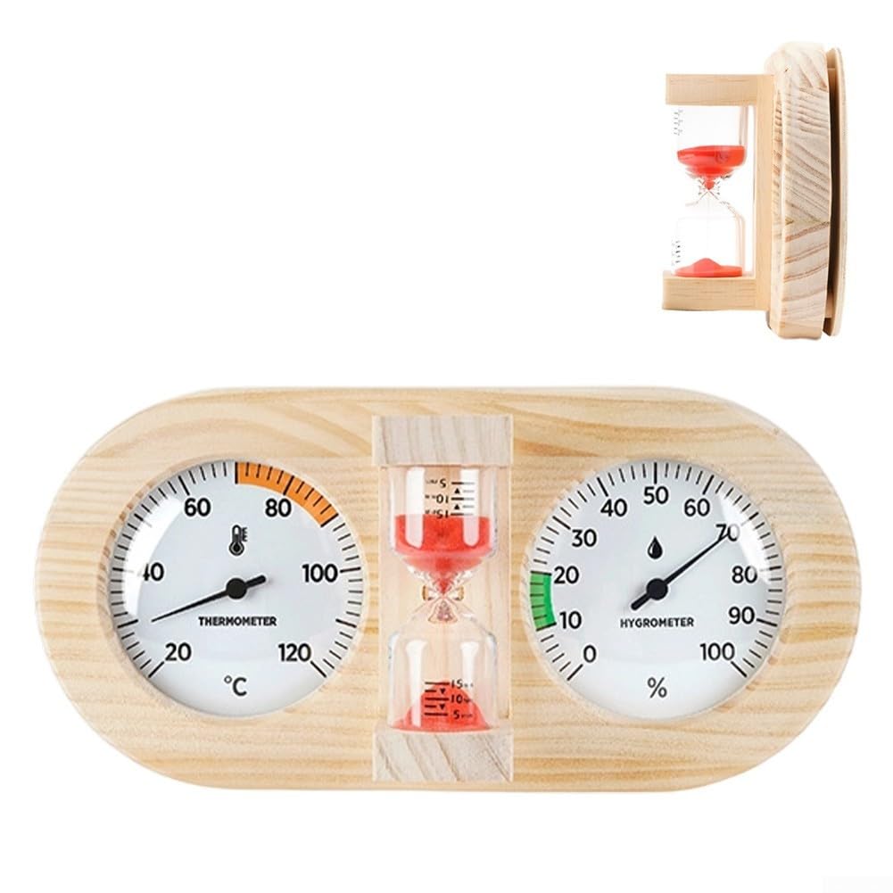 Termómetro higrómetro de madera para sauna con temporizador de 15 minutos, medidor analógico resistente al calor para sala de vapor (verde)