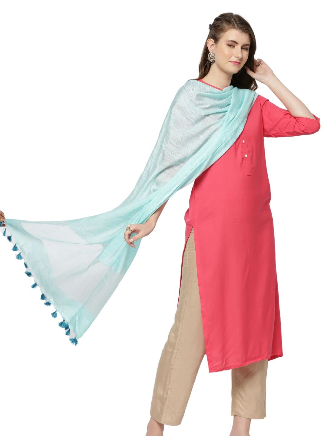 Women's Linen Light Blue Dupatta With Organza Border And Tassels, free size-image-27