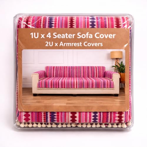 Image of Gifts Island 4 Seater Cotton Sofa Cover Mat | Anti Slip Sofa Cover Throw | All Over Furniture Protector with Elastic Straps | Washable Couch Cover for Living Room (Pink, 4 Seater)