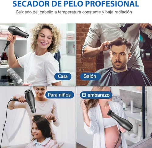 Happygoo Secador Pelo Profesional Iónico 2400W Secadores de Pelo Motor AC 3 Temperaturas 2 Velocidades, Botón Aire Frío, 2 Concentradores y 1 Difusor 2,5 Metros de Cable, Rápido Secado Cabello