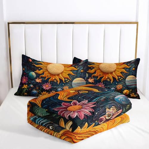 Image of AILONEN Space Galaxy Soft Comforter Set Queen Size,3-Piece Sun Planet Starry Flower Boho Bedding Set,Boys Girls Kids Printed Duvet with 2 Pillowcases
