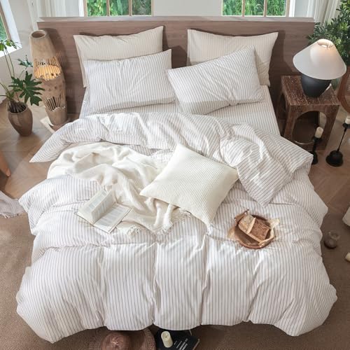 Image of MooMee Striped Duvet Cover Set 100% Washed Cotton Linen Like King | Relaxed Linen-like Texture. Soft, Breathable & Long-lasting Comfort. Lightweight. Hidden Zipper with 8 Interior Corner Ties