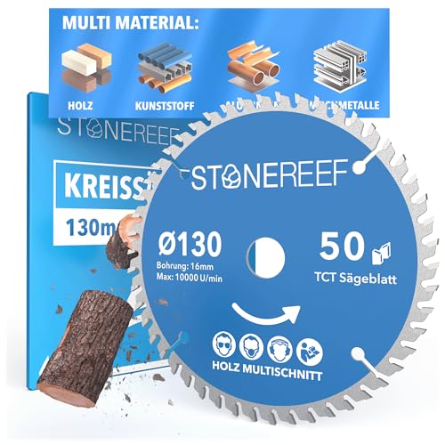 STONE REEF Sägeblatt 130X16 - Kreissägeblatt kompatibel mit Tauchsäge & Kreissäge von Bosch, Makita usw. - Sägeblatt Kreissäge Nagelfest, ideal für Holz, Metall & Alu