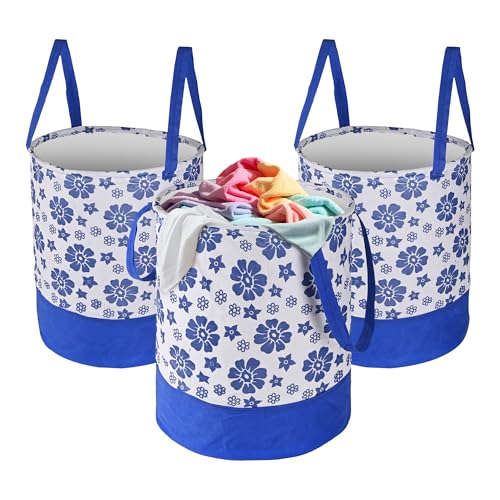 Image of Urbane Home Pack of 3 Foldable Dirty Clothes 45L Laundry Basket With Handles | Baby Unwashed Dress Bin /Storage Box | Flower Print -Blue & White