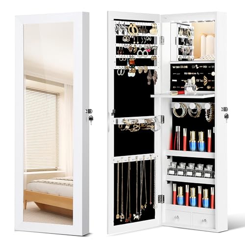 JOYUSAEN Mirror Jewelry Organizer, Wall/Door Mounted Jewelry Armoire with Full-Length Mirror,Hanging Jewelry Cabinet with LED Interior Lights, White