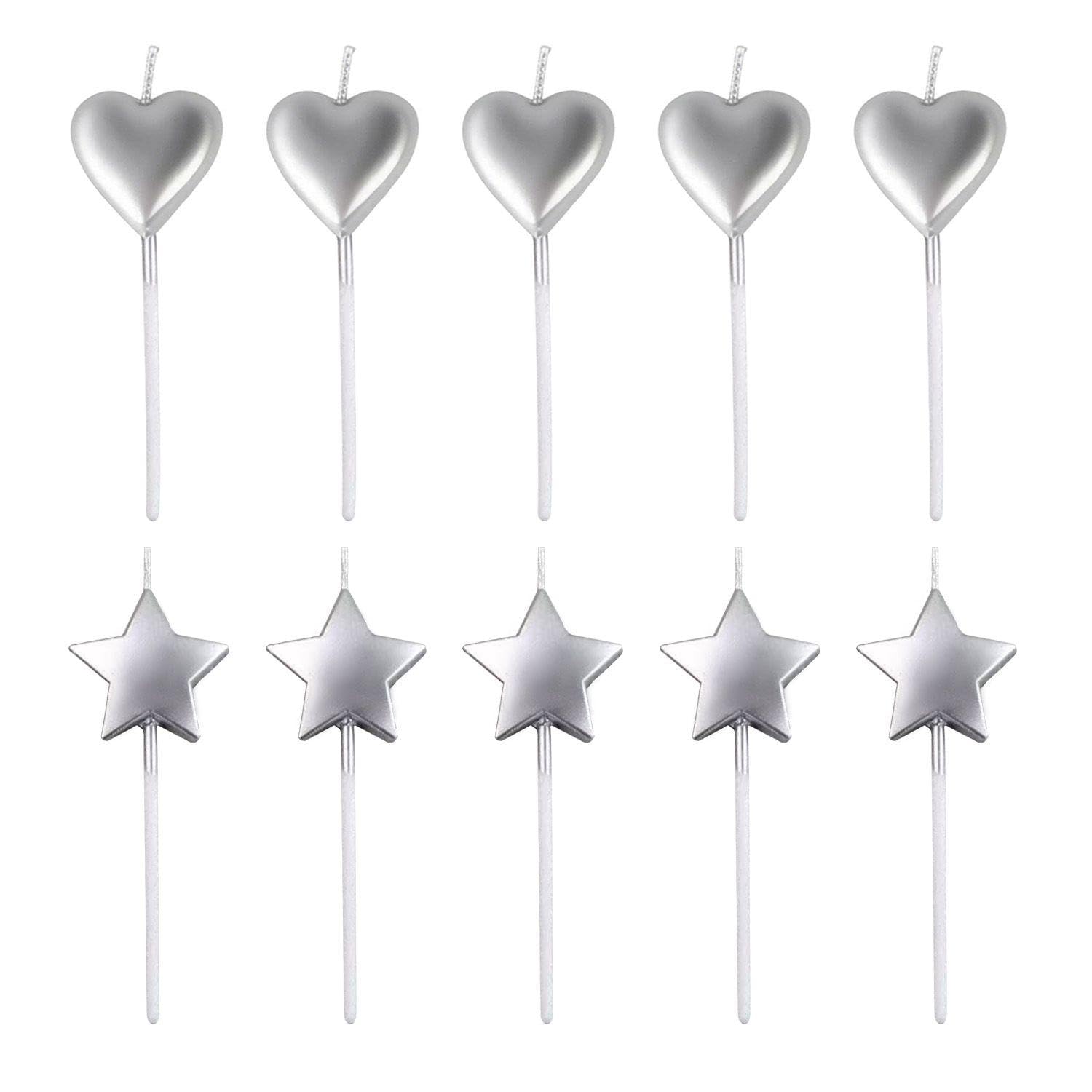 Eowvisn Silver 10 Creative Love Star Candles, Cake Decoration Candles, Baking Dessert Plug-Ins, Birthday Party Decoration Supplies.