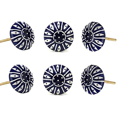 Blue Design Printed Ceramic Knob Set of 6 Vintage Kitchen Cabinet Cupboard Door Knobs Dresser Furniture Drawer Pull by Perilla Home Cover