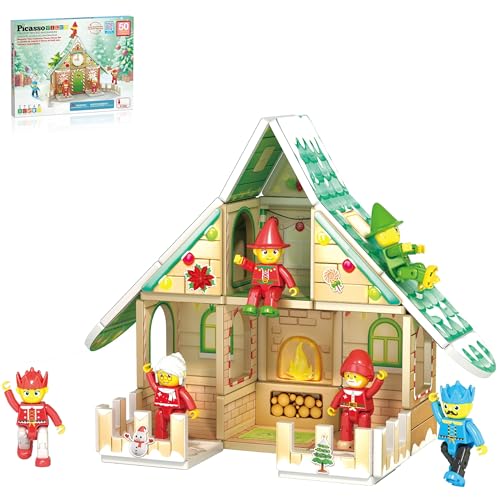 PicassoTiles Magnetic Tile Christmas Holidays Cottage Building Set with Santa Elves Nutcracker 6 Character Figures STEM Educational Construction Toy Winter Magnet Block Gift for Kids Age 3 Plus PTQ08