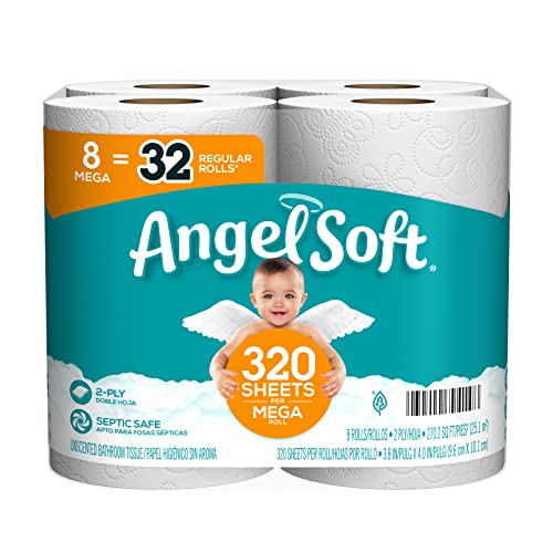 Angel Soft® Toilet Paper, 8 Mega Rolls = 32 Regular Rolls, 2-Ply Bath Tissue, 320 Sheets per Roll, 8 Count Angel Soft® Toilet Paper, 8 Mega Rolls = 32 Regular Rolls, 2-Ply Bath Tissue, 320 Sheets per Roll, 8 Count