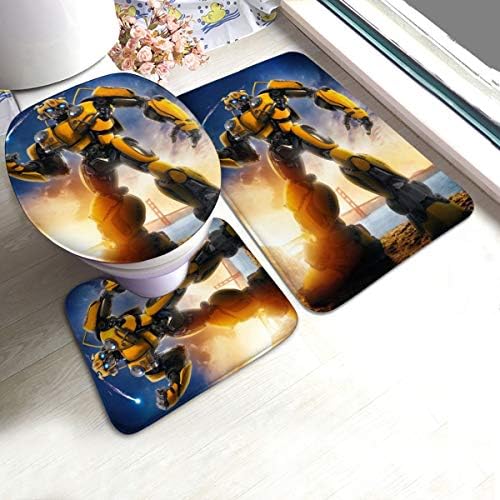 KRISMARIO Bumblebee Transformers Bath Mat 3 Piece Set Soft Absorbent Anti-Slip Pads and Carpet Bath Mat Set, Bath Anti-Skid Pads + Toilet Lid Cover + Contour Pads Bathroom Carpet Sets
