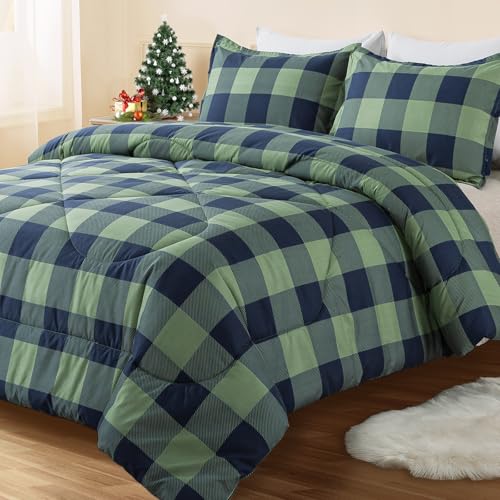 Image of Andency Green Plaid Comforter Full(79x90Inch), 3 Pieces (1 Comforter, 2 Pillowcases) Buffalo Checkered Gingham Bed Set, Soft Geometric Bedding for Boys