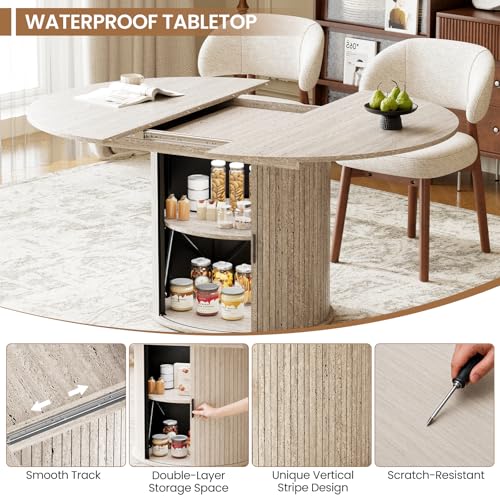 Image of MALOL 47 inch-63 inch Extendable Round to Oval Dining Room Table Chairs Set for 4-8, Modern Wooden Kitchen Table and Chairs with Hidden Storage and Fluted Design for Dining Room /Small Space(White and Beige)