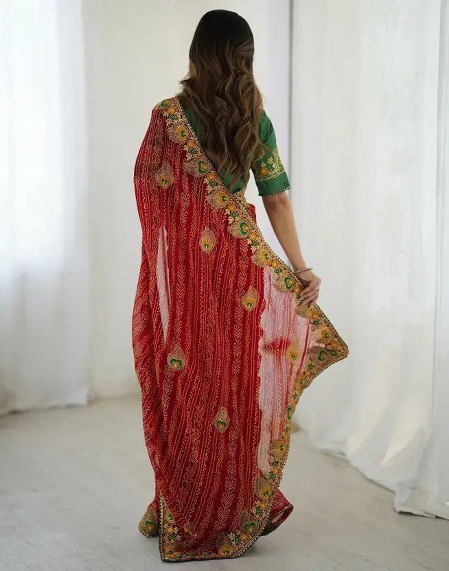 Image of Women's Georgette Bandhani Printed Embroidery Saree with Unstitched Blouse Piece
