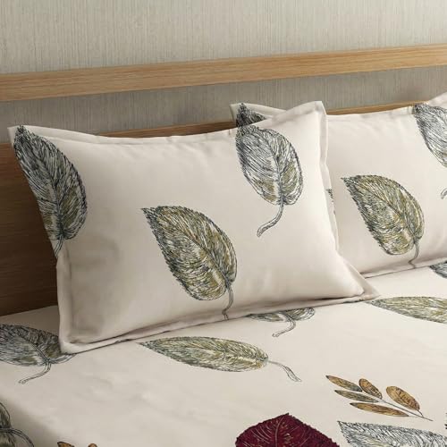 Image of Home Sizzler 210 TC Microfibre Autumn Leaves Print Double Fitted Bedsheet (72X78 inch) with 2 King Size Pillow Covers