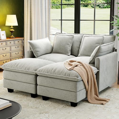 Image of 58 inch Cloud Couch Sectional Modular Sofa, Deep Seat Couches with Ottoman and Removable Washable Pillows for Living Room, Bedroom, Apartment, Light Grey