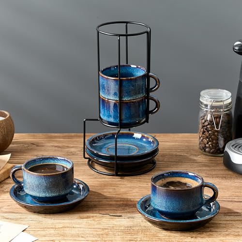 JIEMEI HOME Porcelain Stackable Cappuccino Cups with Saucers and Metal Stand, 7 Ounce Espresso Cups for Latte Coffee Cafe, Specialty Coffee Drinks, Cappuccino and Tea - Set of 4, Midnight Tide