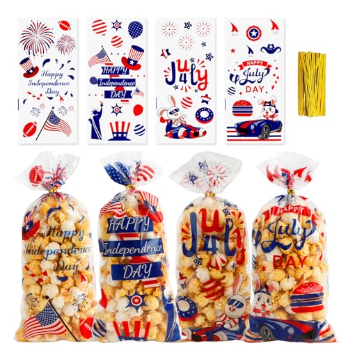 4th of July Treat Bags, 120 PCS Patriotic Cellophane Bags, Plastic Clear Red White Blue Candy Cookie Gift Goodie Snack Bag with Twist Tie for Independence Day 4th Fourth of July Party Favors Supplies