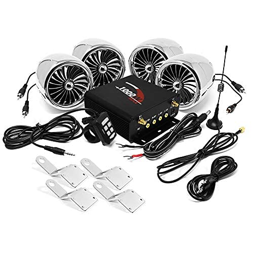 1000W Motorcycle Amplifier 4 Speakers Waterproof Bluetooth Stereo Audio System AUX MP3 USB SD FM Radio for Harley Touring Cruiser ATV UTV Scooter (Chrome)