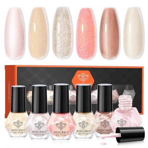 modelones Nail Polish Set, 6 Colors Pearl White Pink Nude Mini Nail Polish Set,Wedding Shimmer Champagne Nail Quick Dry Art DIY Home Salon Nail Art Manicure Gift for Women Girls