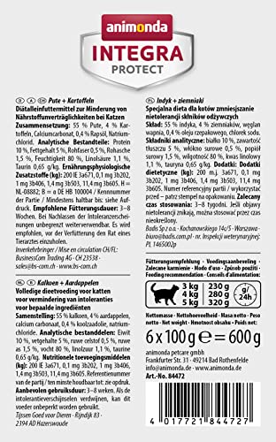 animonda Integra Protect Katze Sensitive, Diät Katzenfutter, Nassfutter bei Futtermittelallergie, mit Pute + Kartoffel, 6 x 100 g (Packung mit 2)