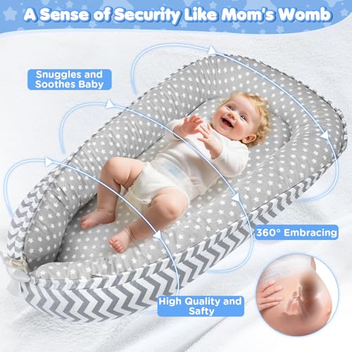 Image of KISS GOLD Baby Lounger - Breathable Soft Cotton Cover Baby Lounger Nest, Babies Essentials Gifts, Portable Lounger for Baby Tummy Time Floor Playing Seated Support for Home and Travel