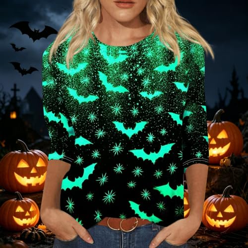 Image of Women Spooky Halloween Graphic Shirt 3 /4 Length Sleeve Crewneck Top | Halloween Funny Printed Pumpkin Plus Size Tshirts 2026 Fall Outfits Skeleton Tee Going Out Tops