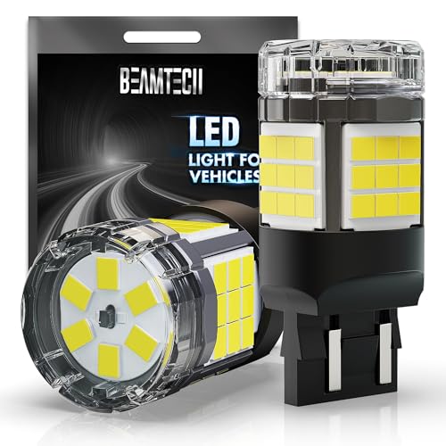 BEAMTECH Upgraded 7440 7443 LED Bulbs Reverse Lights, Build-in CANBUS, 6500K White Super Brighter T20 7441 W21W WY21W 7440NA Replacement for Back Up Tail Brake Parking Signal Lights, Pack of 2