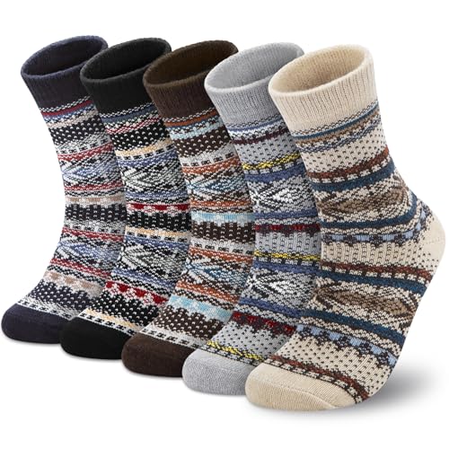 Beaulov 5 Paires Chaussettes Femme en Laine Merino Chaussette Chaudes D'hiver Chaussettes Doux Thermiques Vintage Cadeaux Noël pour Femmes