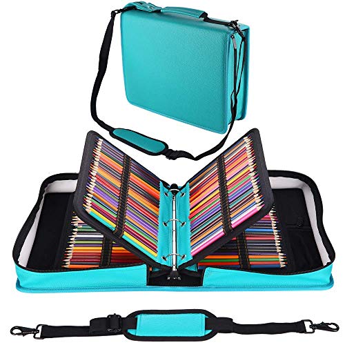 Shulaner 180 Slots PU Leather Colored Pencil Case Organizer Large Capacity Carrying Bag for Prismacolor Watercolor Pencils, Crayola Colored Pencils, Marco Pens, Gel Pens (Lake Blue, 180)