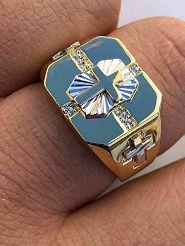 HarlemBling Solid 925 Sterling Silver - Men's Cross Ring W. 14k Gold Finish - Religious Christian Ring For Men - Pinky Or Any Finger Sz 7-13 Icy Diamond Cut2