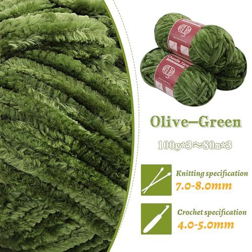 Image of LUNARM Chenille Yarn 3 Pack 3.5oz Chunky Blanket Velvet Yarn 263 Yard | Olive-Green Chunky Chenille Yarn for Beginners Crocheting Hand Knitting Scarves with Big Eye Needles Machine Washable