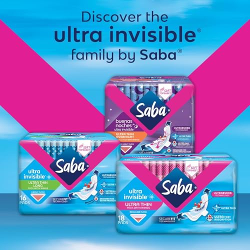 Image of SABA Ultra Invisible Ultra Thin Long Pads with Wings, Regular Flow, 3-Pack of 16 Pads (48 Count)