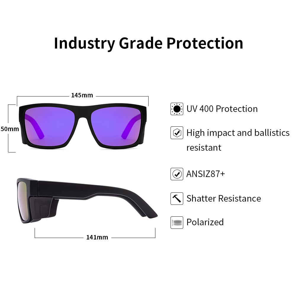Lunettes de soleil de sécurité pour homme, noir mat, verres polarisés, conformes aux normes ANSI Z87+, protection UV, Miroir violet polarisé